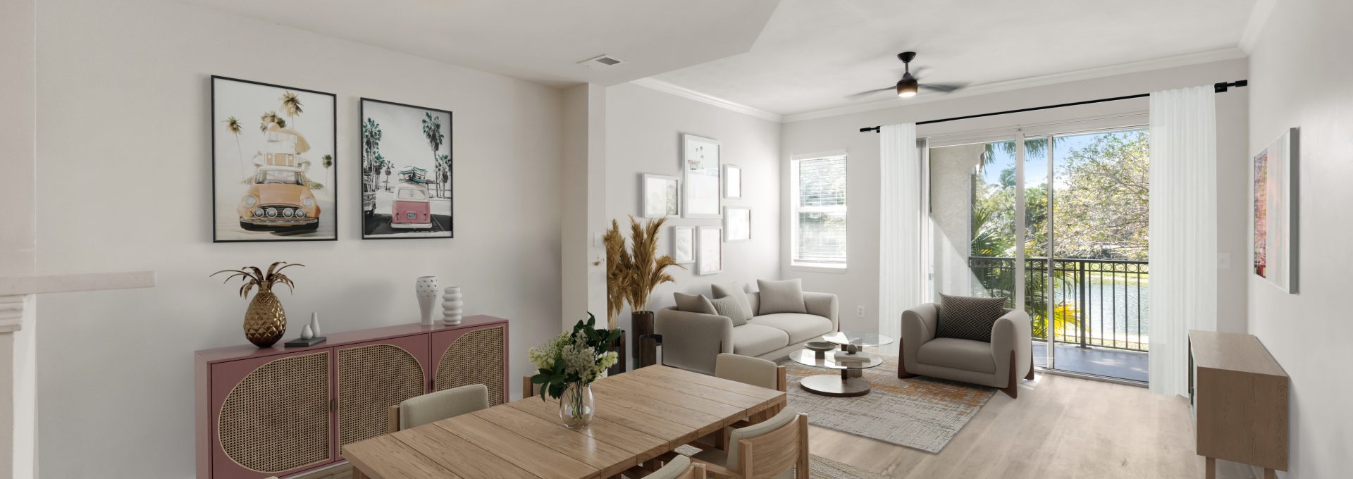a rendering of a living room and dining area at The Palm Haven